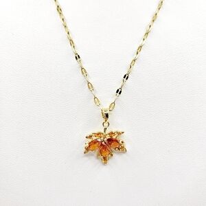 Maple Leaf Orange-Red Nature CZ  Necklace Gold Plated Stainless Steel New